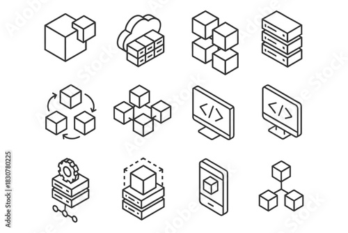 Cloud computing and blockchain technology icons in modern outline design.