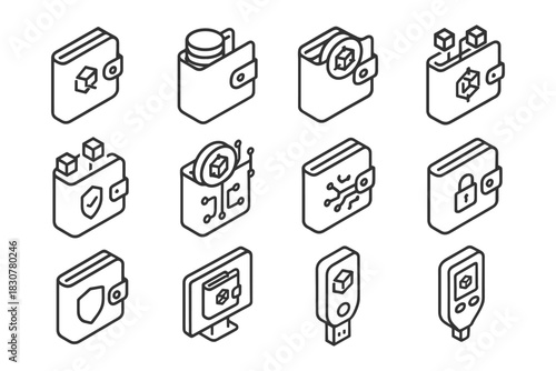 Isometric icons of digital wallets and cryptocurrency storage devices.
