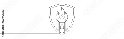Continuous one line drawing of a firewall shield icon with flames and a padlock. Concept of network security