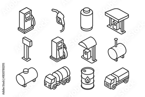 Isometric icons set: fuel pumps, tankers, barrels, and gas stations.