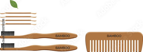Bamboo toothbrushes, comb, toothpicks, eco-friendly personal care, sustainable hygiene products, natural materials, zero waste, green lifestyle, organic.