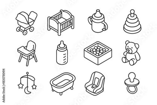 Collection of baby essentials: stroller, crib, bottle, and more in line art style.