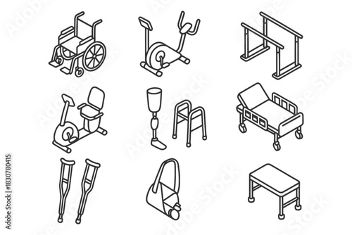 Medical equipment icons: wheelchair, exercise bike, walker, crutches, hospital bed.