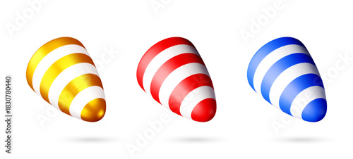 Set of three 3d colorful party hat. Cone-shaped festive accessory with stripes, often used for celebration, birthday, carnival, or entertainment. Vector illustration