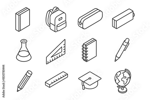 Outline icons of school supplies: backpack, notebook, pen, ruler, globe, beaker.