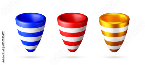 Set of three 3d colorful party hat. Cone-shaped festive accessory with stripes, often used for celebration, birthday, carnival, or entertainment. Vector illustration