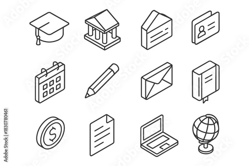 Outline icons for education: graduation cap, calendar, laptop, globe, coin, card.