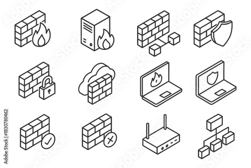 Firewall and network security icons: shields, locks, routers, clouds, laptops, connected nodes.