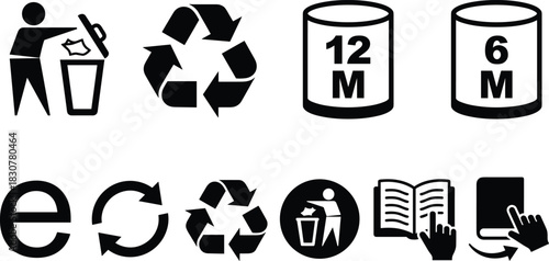 Black and white cosmetic packaging icons set with recycling, disposal, shelf life, and instruction symbols for product labeling.