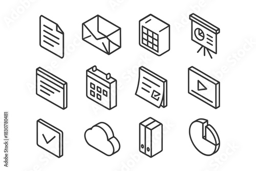Set of isometric business icons for presentation and communication tools.