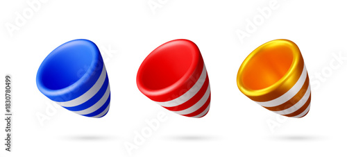 Set of three 3d party popper cone with stripped pattern. Celebration and holiday concept. Party accessory for festive event. Vector illustration