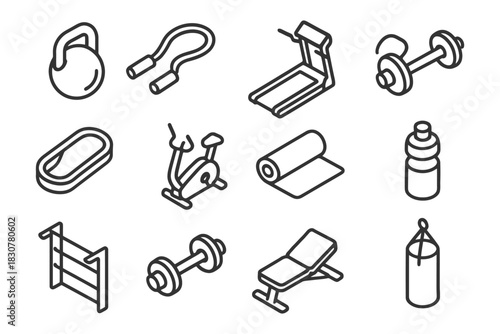 Collection of fitness equipment icons: treadmill, dumbbell, kettlebell, jump rope, exercise bike.