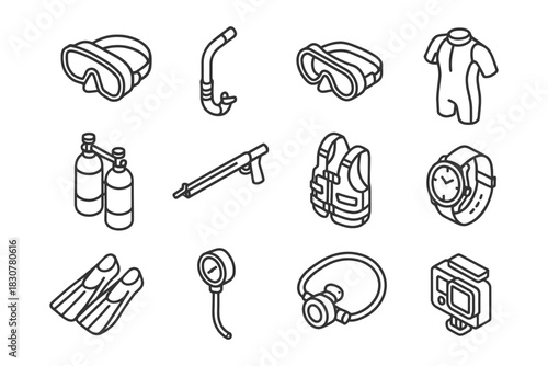 Outline icons of diving equipment including snorkel, goggles, wetsuit, and more.
