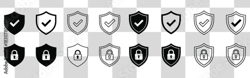 Security shields with checkmarks and padlocks represent protection and validation in black and white