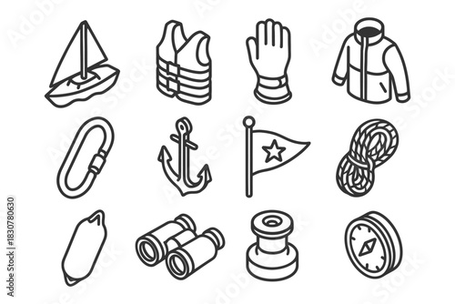 Nautical adventure icons featuring boat, life jacket, anchor, and compass.