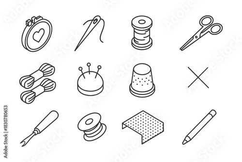 Sewing tools and accessories collection outline illustration.