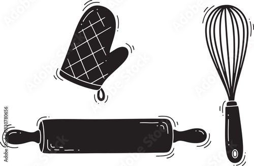 Black and white drawing of cooking utensils oven mitt rolling pin whisk