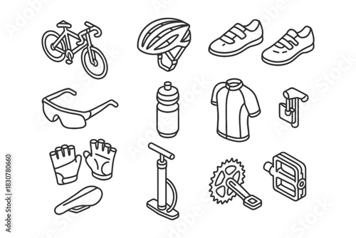 Outline icons of cycling equipment and accessories: bike, helmet, shoes, gloves, bottle, pump.