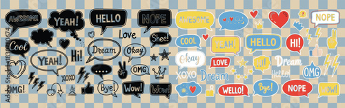 Colorful speech bubbles with positive affirmations and playful doodles on a checkered background