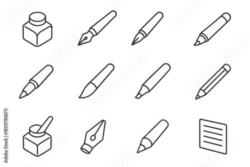 Vector outline of writing instruments and tools icons set.