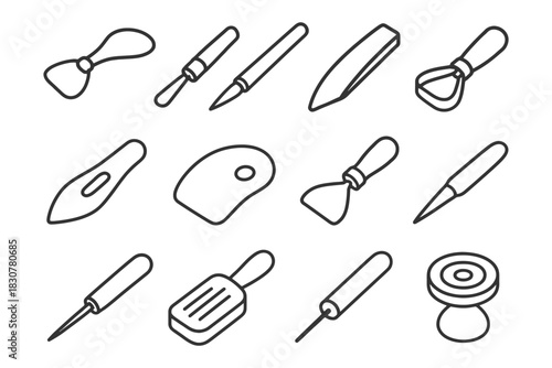 Line drawing of various pottery and sculpting tools.