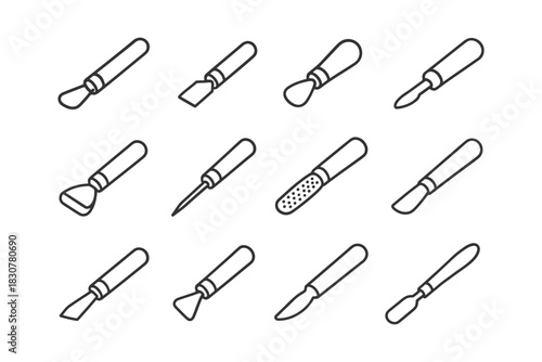 Set of twelve line art sculpting tools with various blade shapes.