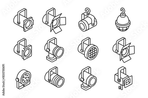 Set of vector line icons featuring various stage and studio lighting equipment.