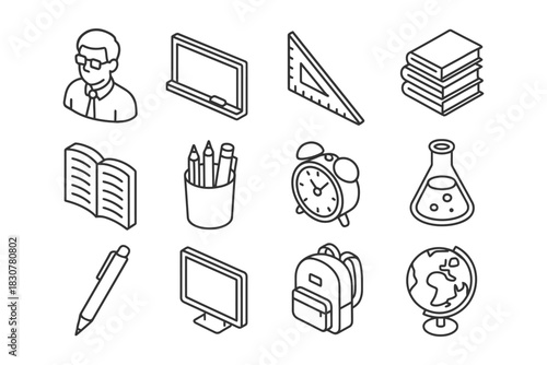 Line art school supplies: books, tools, backpack, globe, clock, teacher.
