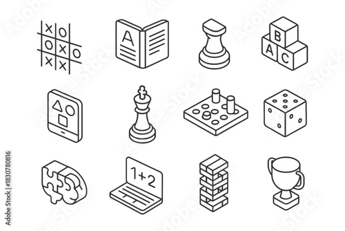 Outline icons of board games and puzzles.
