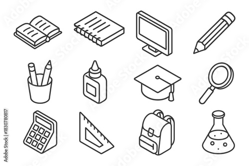 Line art school supplies icons: books, computer, pencils, glue, graduates, backpack, flask.
