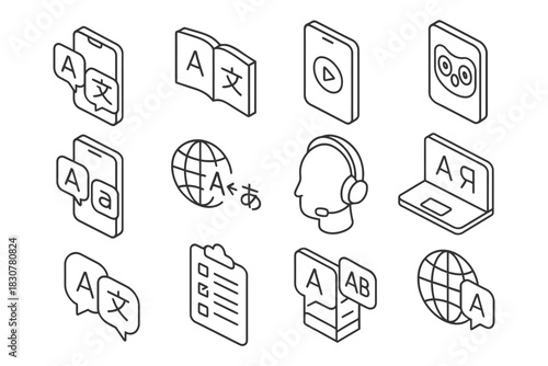 Language translation icons set for digital tools and global communication.