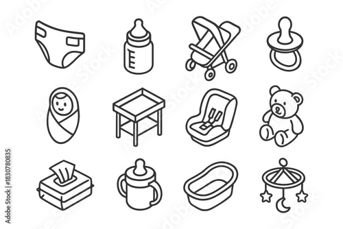 Outline icons of baby essentials: diaper, bottle, stroller, pacifier, crib, car seat, teddy bear, wipes, sippy cup, bath, mobile.