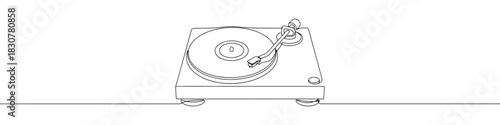 Continuous one line drawing of a vintage record player or turntable. Concept of music and retro technology