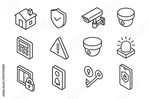 Home security icons set: surveillance, lock, alarm, camera, keypad.