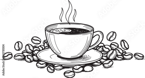 Black and white sketch of steaming coffee with coffee beans scattered