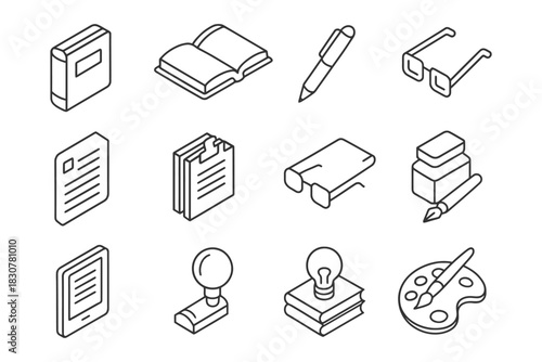 Outline style set of office and educational supplies icons.