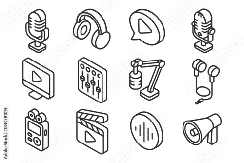 Isometric icons of audio and video equipment: microphones, headphones, play button, controls.