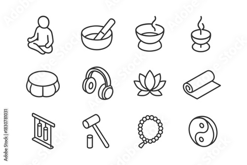 Outline icons of meditation practice: yoga, singing bowl, zafu, lotus, zen.