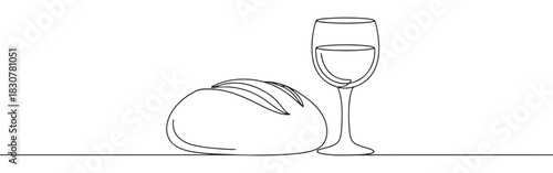 Continuous one line drawing of a loaf of bread and a glass of wine. Concept of communion or celebration
