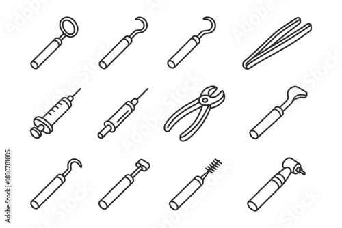 Outline icons of dental tools and equipment for oral care.
