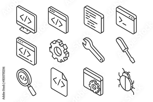 Isometric line icons of software development tools and code elements.