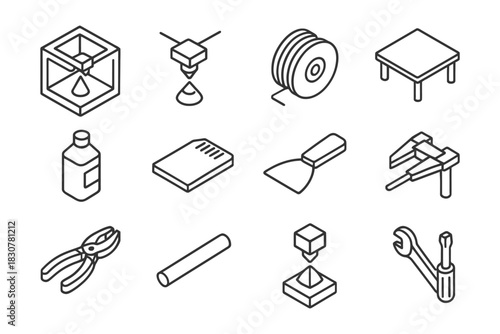 3d printing icons: tools, equipment, and materials for additive manufacturing.