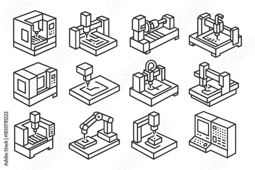 Set of linear cnc machine icons in isometric style.