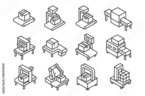 Isometric icons of automated packaging and conveyor systems.