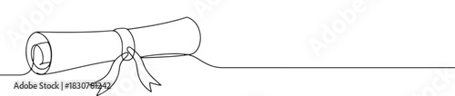 A continuous one-line drawing of a rolled diploma with a ribbon, symbolizing graduation, achievement, and education