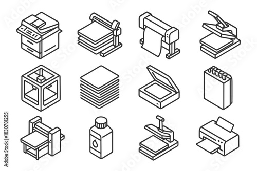 Outline icons of office and printing devices including printers and scanners.