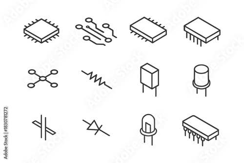 Electronics icons: chips, circuits, resistors, transistors, diodes in line art.
