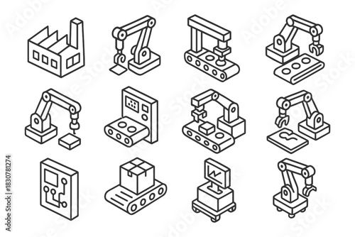 Factory automation icons: 3d line art of industrial machines and robotics.