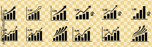 Black and white bar graphs with upward trending arrows represent business growth and financial success