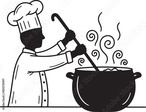 Chef stirs large pot of steaming food in a commercial kitchen